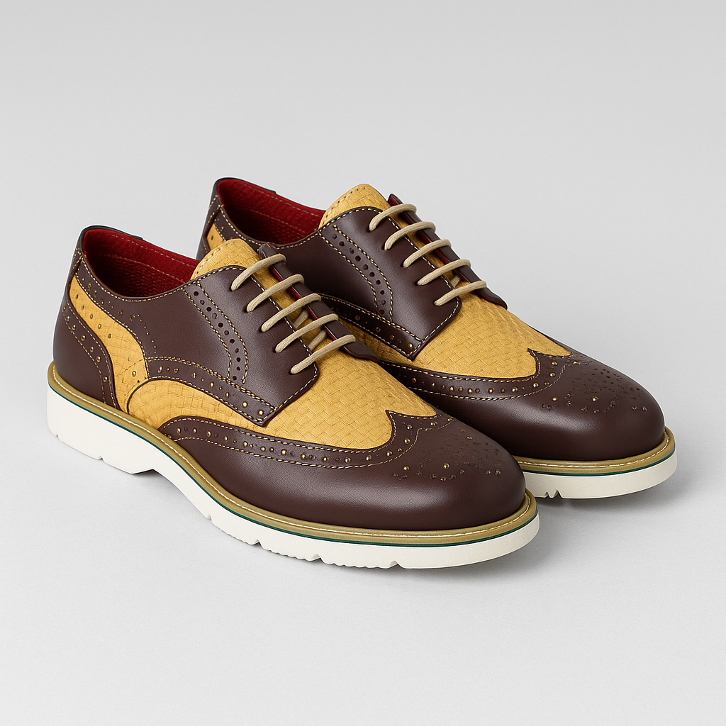 Chaussures derby tressées bicolores en cuir marron et beige