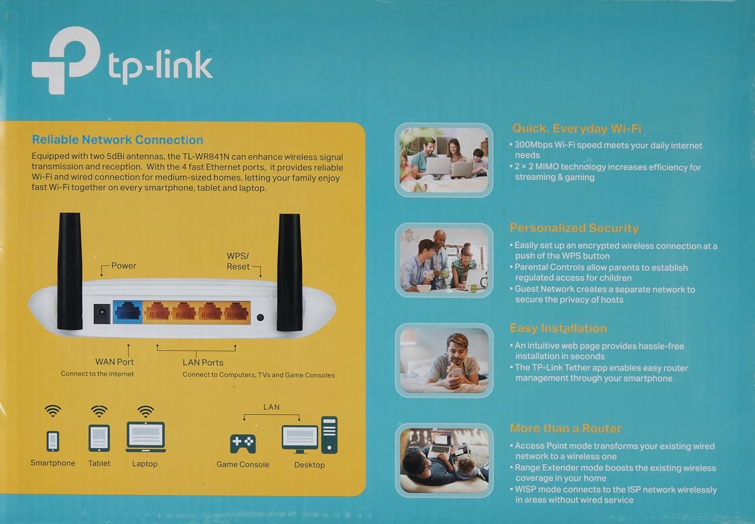 TP-Link Routeur WiFi N300 Vitesse WiFi jusqu'à 300 Mbps, WiFi bande de 2,4GHz, 5 ports (4 ports Ethernet ), 2 antennes externes, Contrôle parental, QoS, TL-WR841N Blanc, single band