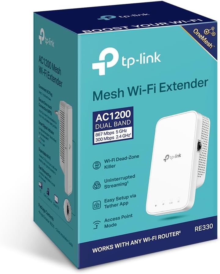 TP-Link Répéteur WiFi RE330 Amplificateur WiFi AC1200 Mbps,WiFi Extender jusqu'à 120㎡, bouton WPS, Play and Plug, répéteur wifi puissant avec un port Ethernet,Compatible avec toutes les box internet